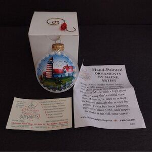 Hand Painted Glass Ornament By Maine Artist Signed Doug 2016 Lighthouse Seagulls